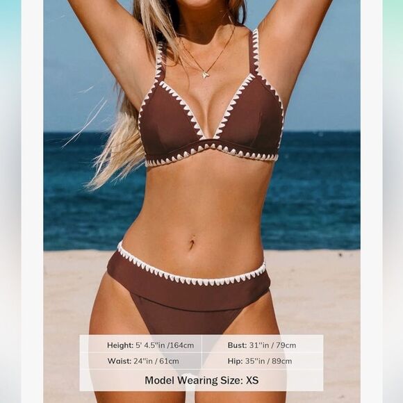 New CUPSHE Brown Bikini Set Triangle Top Mid Waist Adjustable Straps Halter, S - Picture 3 of 4